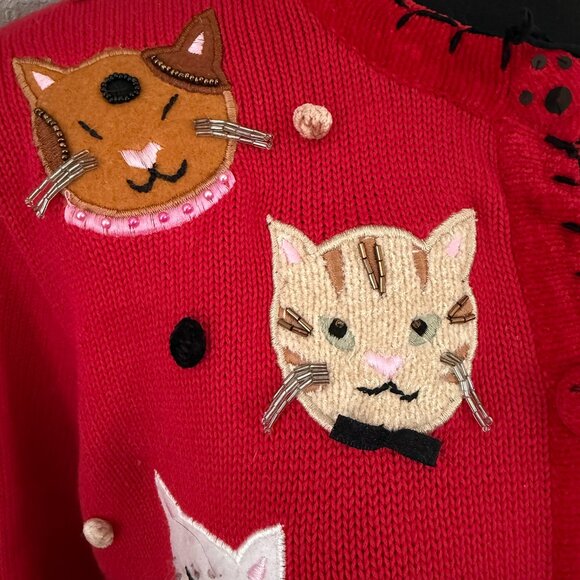 VINTAGE 80s Berek by Takako Sakon Red Cat Cardigan Sweater Medium - Picture 9 of 15